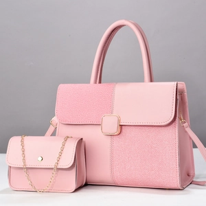 Pink patchwork faux leather handbag set with shoulder strap and mini chain bag