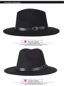 Detailed views of a black wool jazz fedora hat featuring a leather band with silver buckle