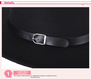 Detail of wool jazz hat featuring black leather belt with silver metal adjustment buckle
