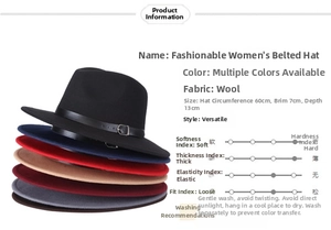 Detailed size specifications for wool fedora hats with side buckle available in six colors