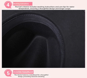 Detailed interior of a black wool fedora showing sweatband and care label texture