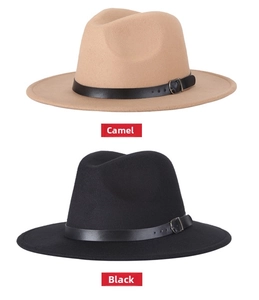 Close-up of wool fedora hats in camel and black with stylish buckle strap detailing