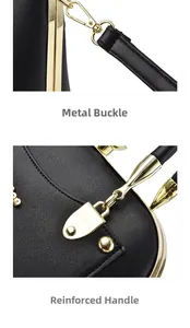 Close-up of black lychee grain leather bag with gold hardware and reinforced handle
