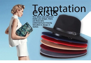 Close-up of six colored wool fedora hats with leather buckle straps for women