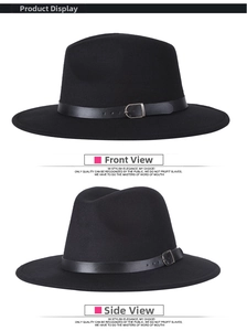 Detail of black wool fedora hat featuring a wide flat brim and leather band with buckle