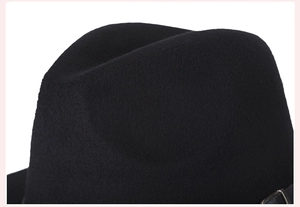 Detail shot of the black wool felt jazz hat showing the fine crown texture and material