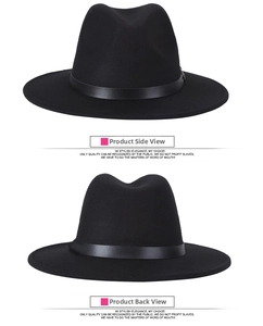 Classic black wool fedora hat with satin ribbon shown from side and back view angles