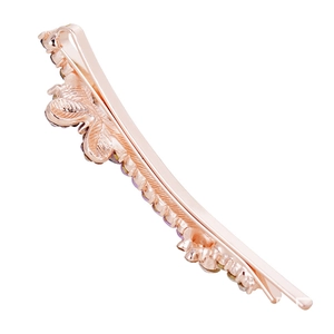 Elegant rose gold bow hair clip with sparkling colorful rhinestones on a white background