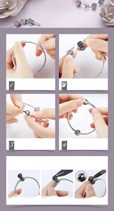 Step-by-step macro guide for opening and closing silver bead bracelet with heart charms