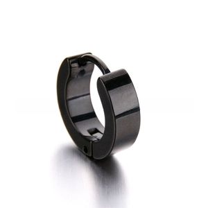 Detailed view of minimalist black stainless steel C-shaped hoop earrings with polished finish