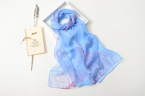 Detail of light blue silk-like scarf featuring pink floral print and lightweight texture