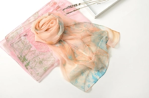 Detailed texture of lightweight silk scarf with pink and blue leaf vein pattern and drape