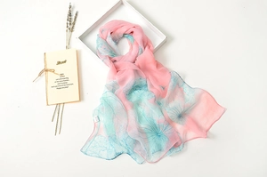 Detail of pink and blue gradient silk scarf with floral pattern and soft texture