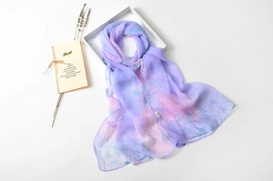 Detailed texture of lightweight lavender silk scarf with elegant pink floral print