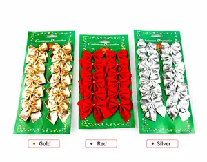 Detail of 12-pack Christmas tree bows in gold, red and silver on green cardstock