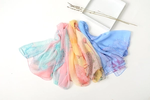 Detail of silk-like chiffon scarf showing light lotus prints and vibrant gradient colors