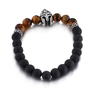 Men's Viking beaded bracelet featuring brown tiger eye, black agate, and Spartan helmet