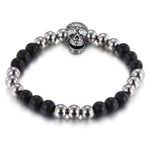 Punk retro skull beaded bracelet with matte black agate and polished steel spheres