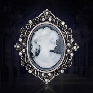 Vintage silver cameo brooch with lady profile relief and sparkling crystals