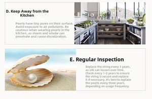 Care guide for natural freshwater pearls showing a white pearl in a shell and maintenance tips
