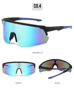 Three-way view of cycling sunglasses with blue-purple gradient lenses and black frames