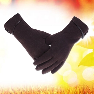 Detail of dark brown winter gloves with decorative buttons and black leather wrist trim