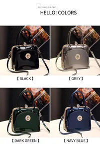 Detail view of glossy patent leather handbags in four colors with gold chain trim