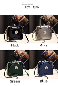Detail view of glossy patent leather handbags in four colors with gold chain trim
