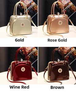Detailed grid of patent leather handbags in gold, rose gold, wine red, and brown colors