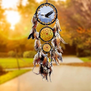 Native American dreamcatcher with eagle painting, yellow mesh, and brown white feathers