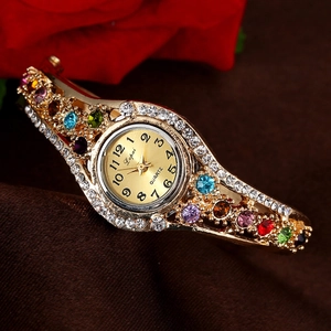 Women Bangle Watch Luxury Alloy Rhinestone Ethnic Style Fashion Quartz Analog Wristwatch Elegant Cuff Bangle For Ladies