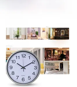12-inch plastic wall clock with quartz movement in various interior home settings