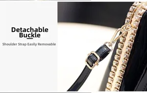 Close-up of black patent leather bag featuring sparkling rhinestones and detachable metal buckle