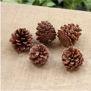 Close-up of five natural brown pine cones on beige burlap for Christmas DIY decor