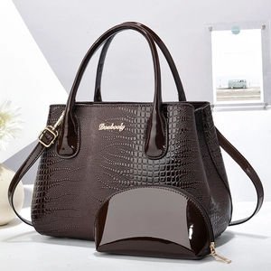 Brown crocodile embossed faux leather tote bag set with matching semicircular clutch pouch