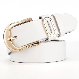 Minimalist white genuine leather belt for women with elegant golden metal buckle