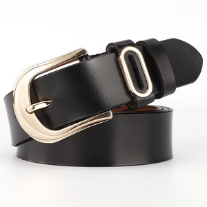 Classic black leather belt for women featuring a minimalist golden metal pin buckle