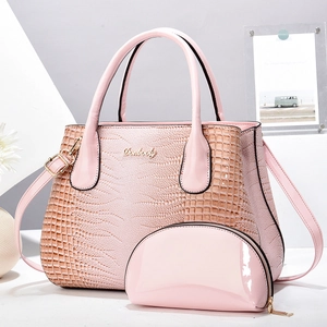 Pink stone pattern handbag set with large tote and matching coin purse with gold logo