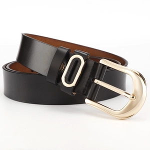 Detail view of the coiled black leather belt showing flexibility and gold alloy pin buckle