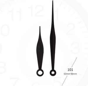 Detail view of model 101 black willow leaf clock hands with 63mm and 98mm length