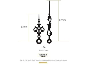 Detail view of model 104 black hollow clock hands with 57mm and 87mm dimensions