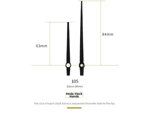 Detailed black metal clock hands size measurement showing 84mm and 63mm dimensions