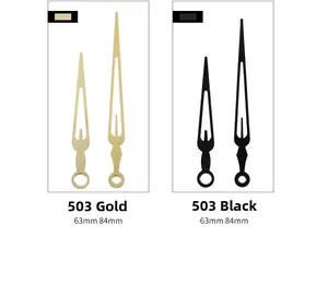 Detail of 503 hollow metal clock hands in gold and black finishes with size specs