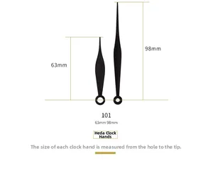 Detailed view of black willow clock hands with measurements of 63mm and 98mm in model 101