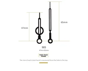 Detailed size chart for model 905 quartz clock hands showing 47mm and 65mm metal pointers