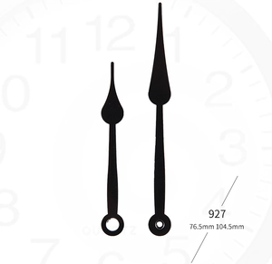 Macro detail of model 927 black metal clock hands measuring 76.5mm and 104.5mm