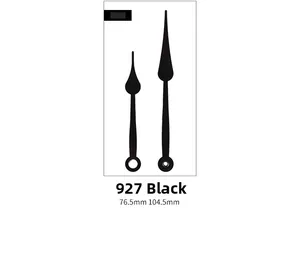 Detail view of model 927 black metal clock hands, lengths 76.5mm and 104.5mm