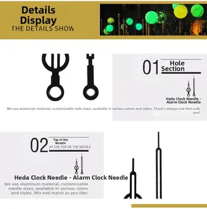 Detailed macro view of black aluminum clock hands showing hole section and needle top