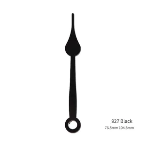 Quartz clock hands model 927 in black metal, measuring 76.5mm and 104.5mm lengths