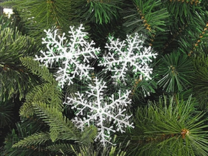 Three white plastic 11cm snowflake ornaments resting on green pine needles for Christmas